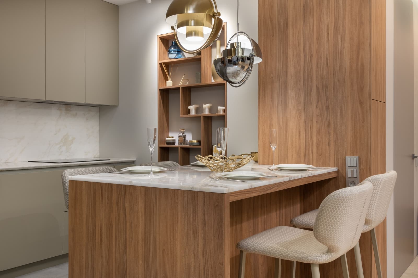 A modern home bar shelf in a bright interior