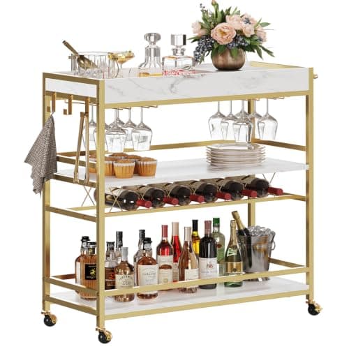 BON AUGURE Gold Bar Cart with Wine Rack and Glass Holders