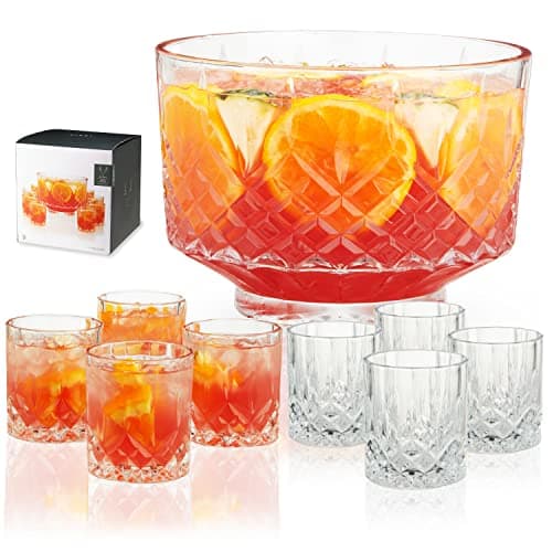 Viski Admiral Crystal Punch Bowl Set with 8 Tumblers